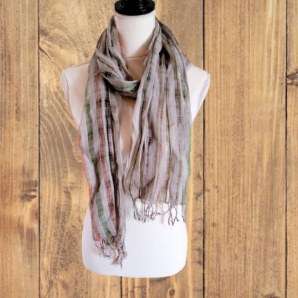 Pretty Scarf in Gray with Multiple Colors and Fringe Edges - Picture 1 of 3